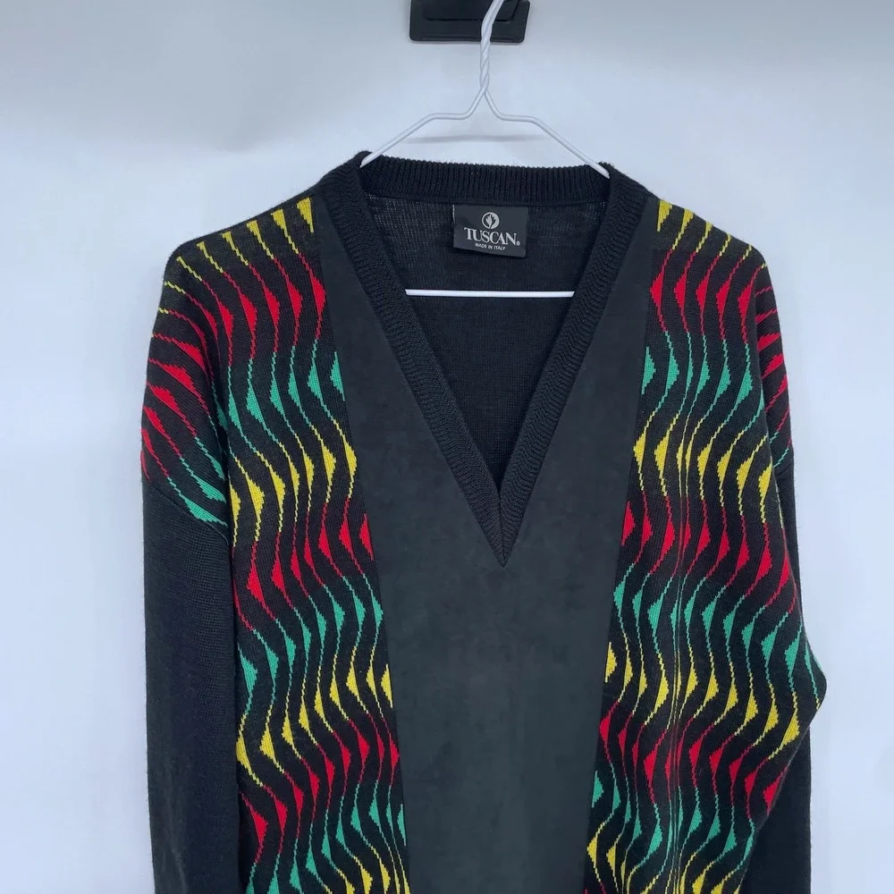 Vintage Tuscan Mens V Neck Sweater Colorful Squiggly Pattern Made in Italy‎ XL